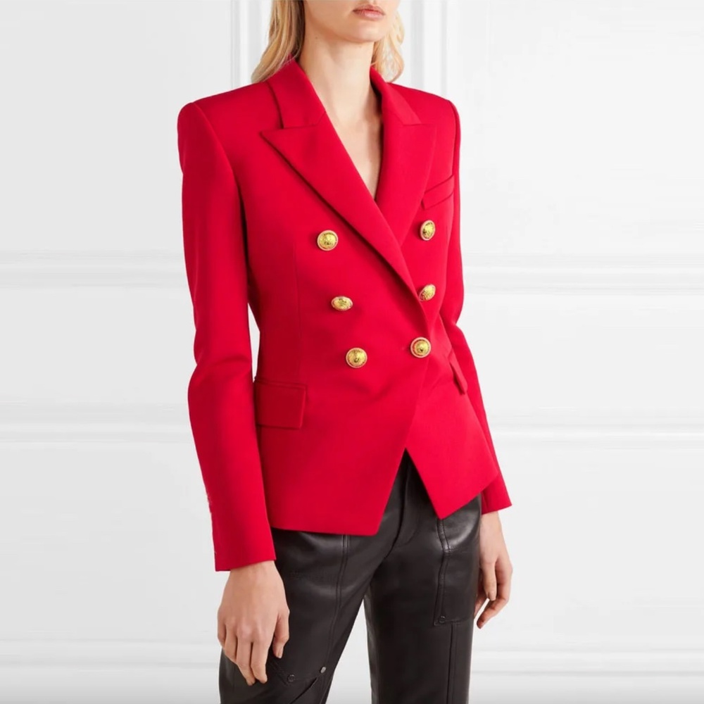 Women's Red Double-Breasted Blazer with Gold Buttons